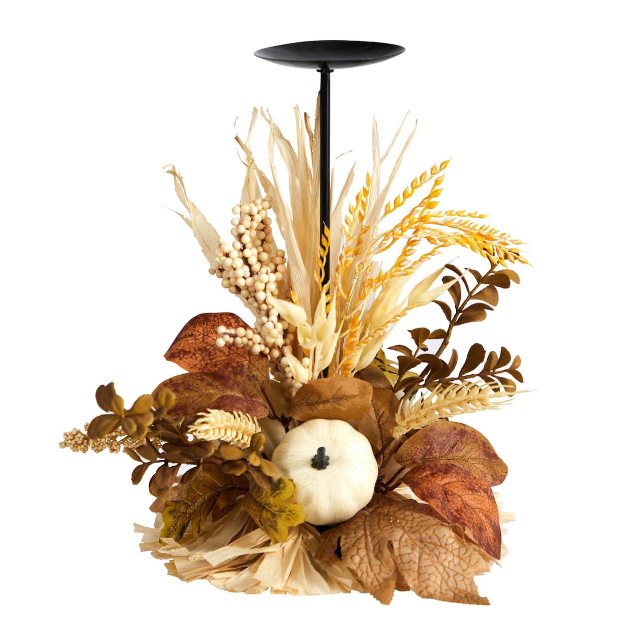 12" Autumn Harvest and Pumpkin Candle Holder Arrangement